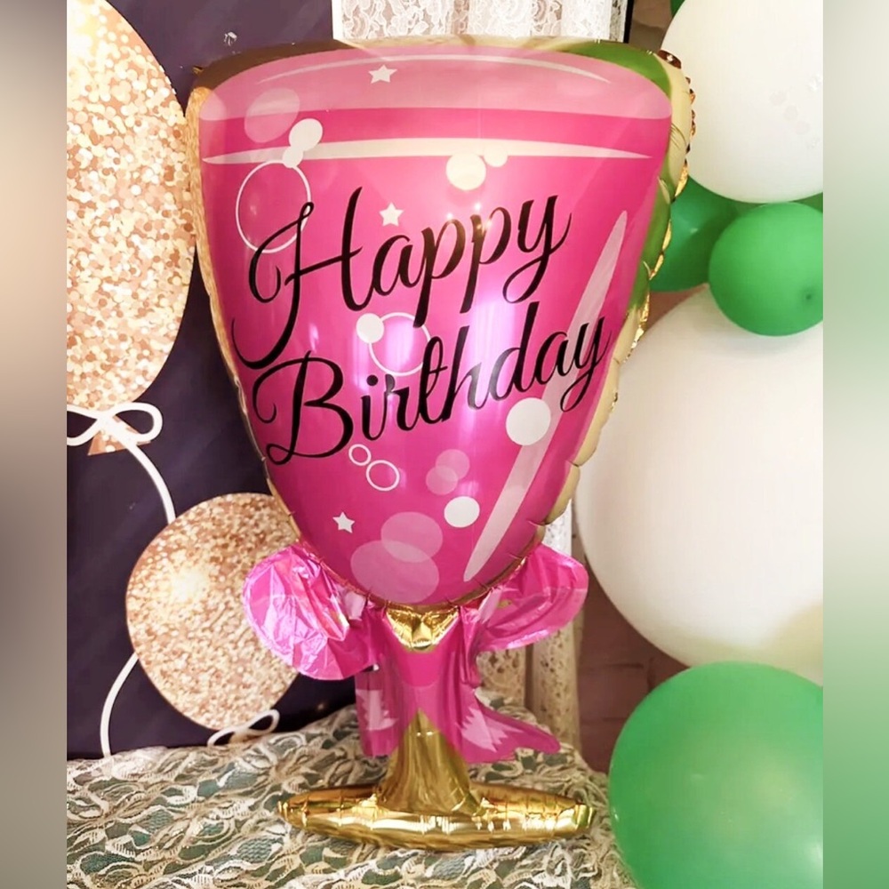 EXTRA LARGE Mylar Pink Happy Birthday Wine/Champagne Glass Balloon - Picture 1 of 4